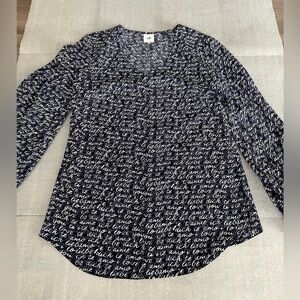 [S]CAbi Navy “Love” Print LS Scoop Neck Blouse